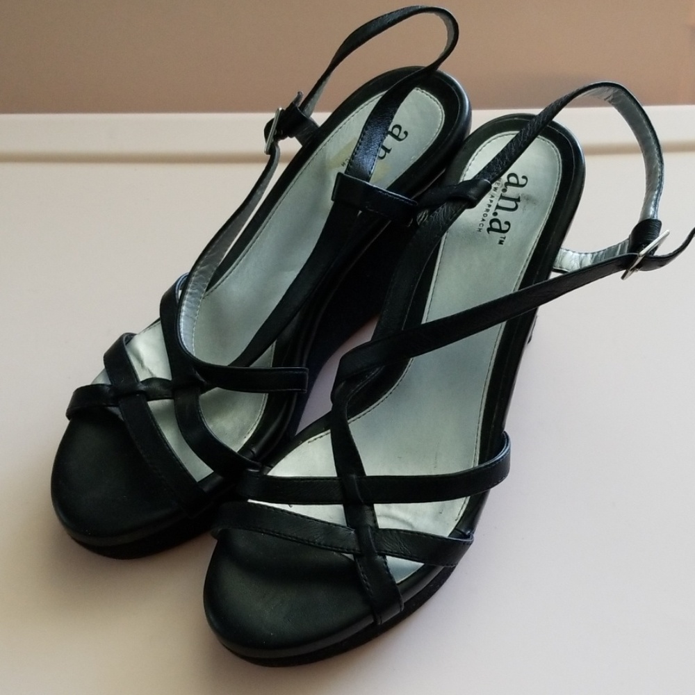 A.n.a platform black strap wedges